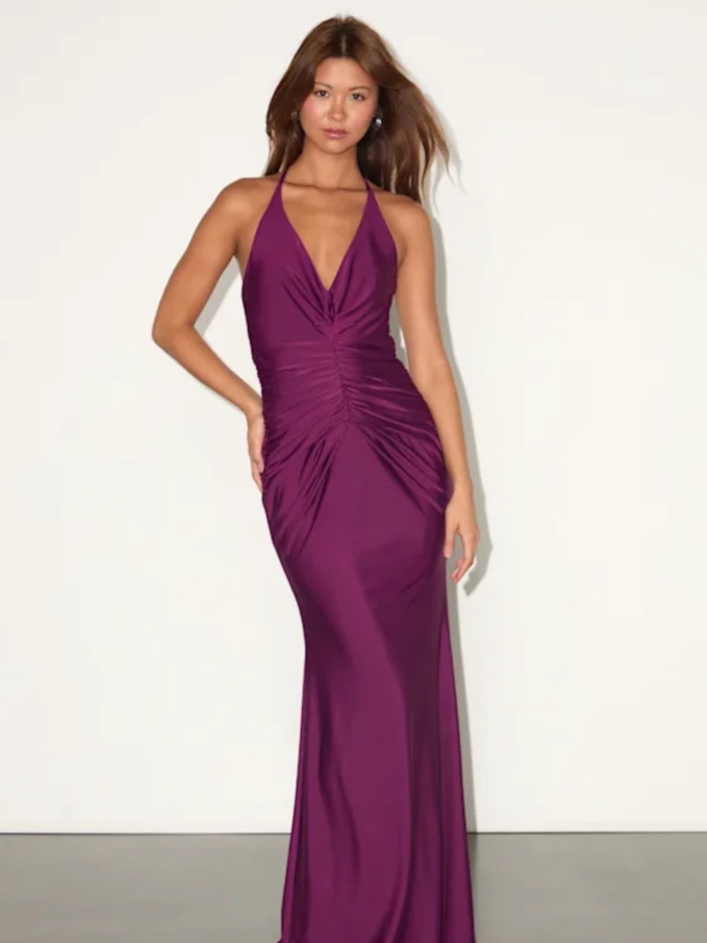 Lulu's Plum Halter Ruched Backless Evening Gown